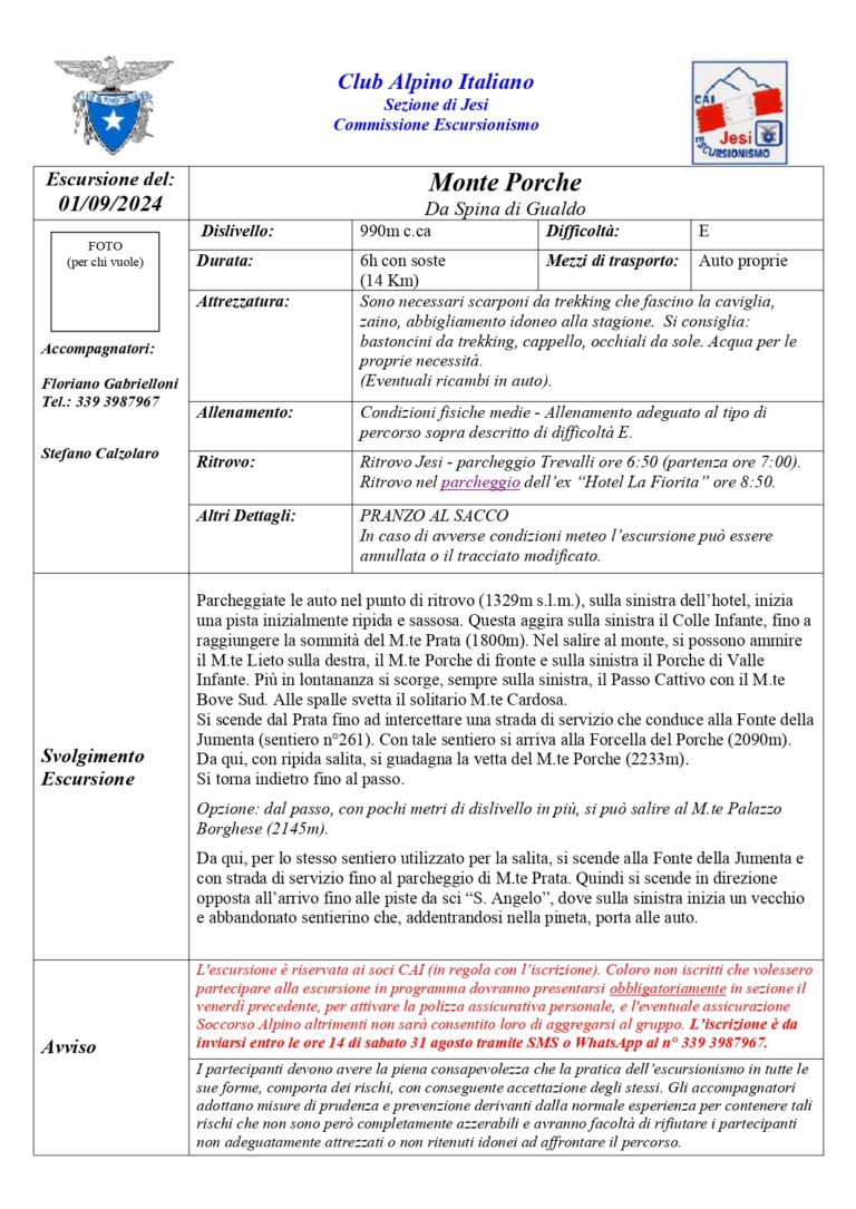 Escursionismo Monte Porche 1 settembre